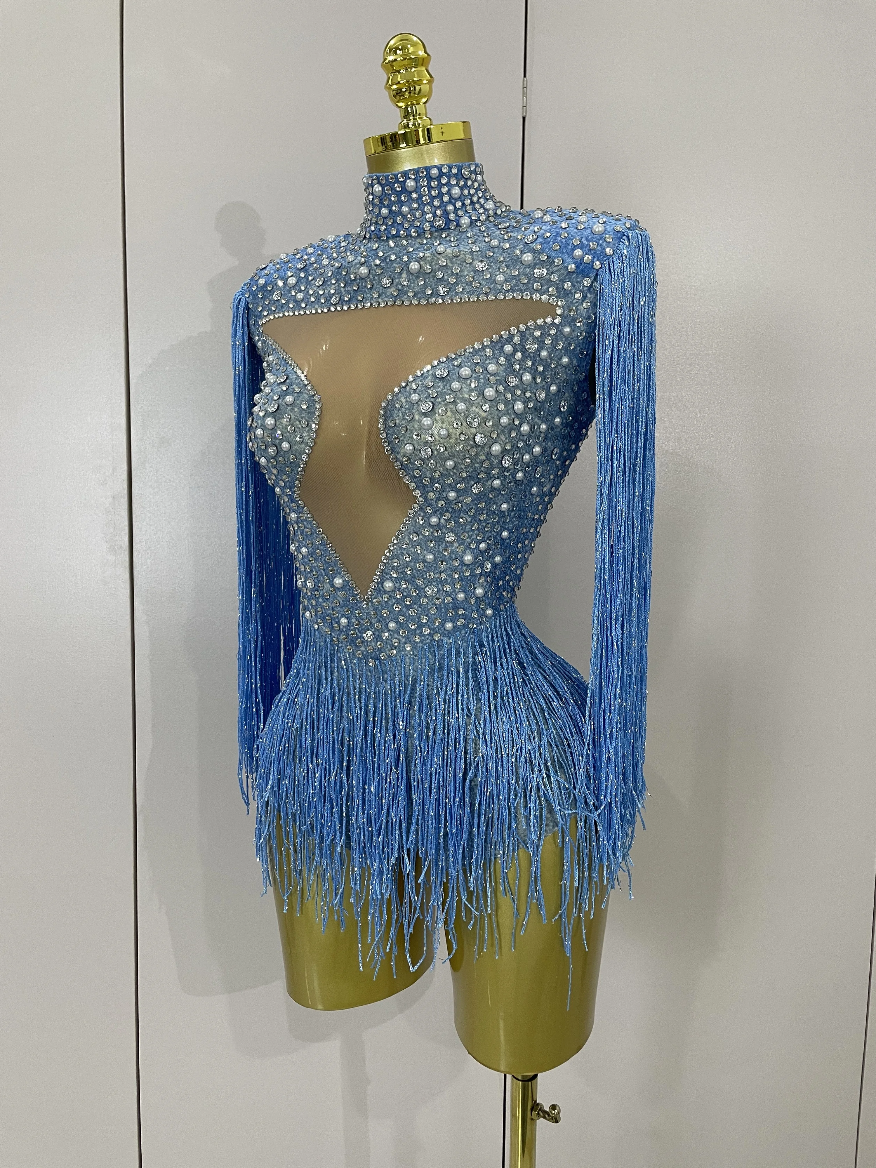 Luxury Sparkly Rhinestone Tassel Mesh Strech Bodysuit Evening Celebrate Birthday Party Nightclub Dance Performance Stage Costume