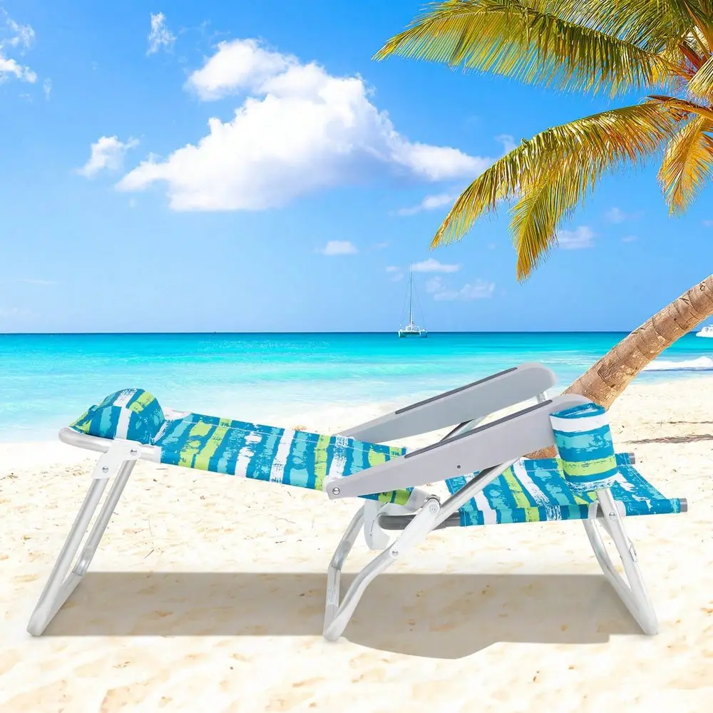 

2 Pack Folding Beach Chair Lightweight Lay Flat Lounge Chair With Head Pillow Blue Green