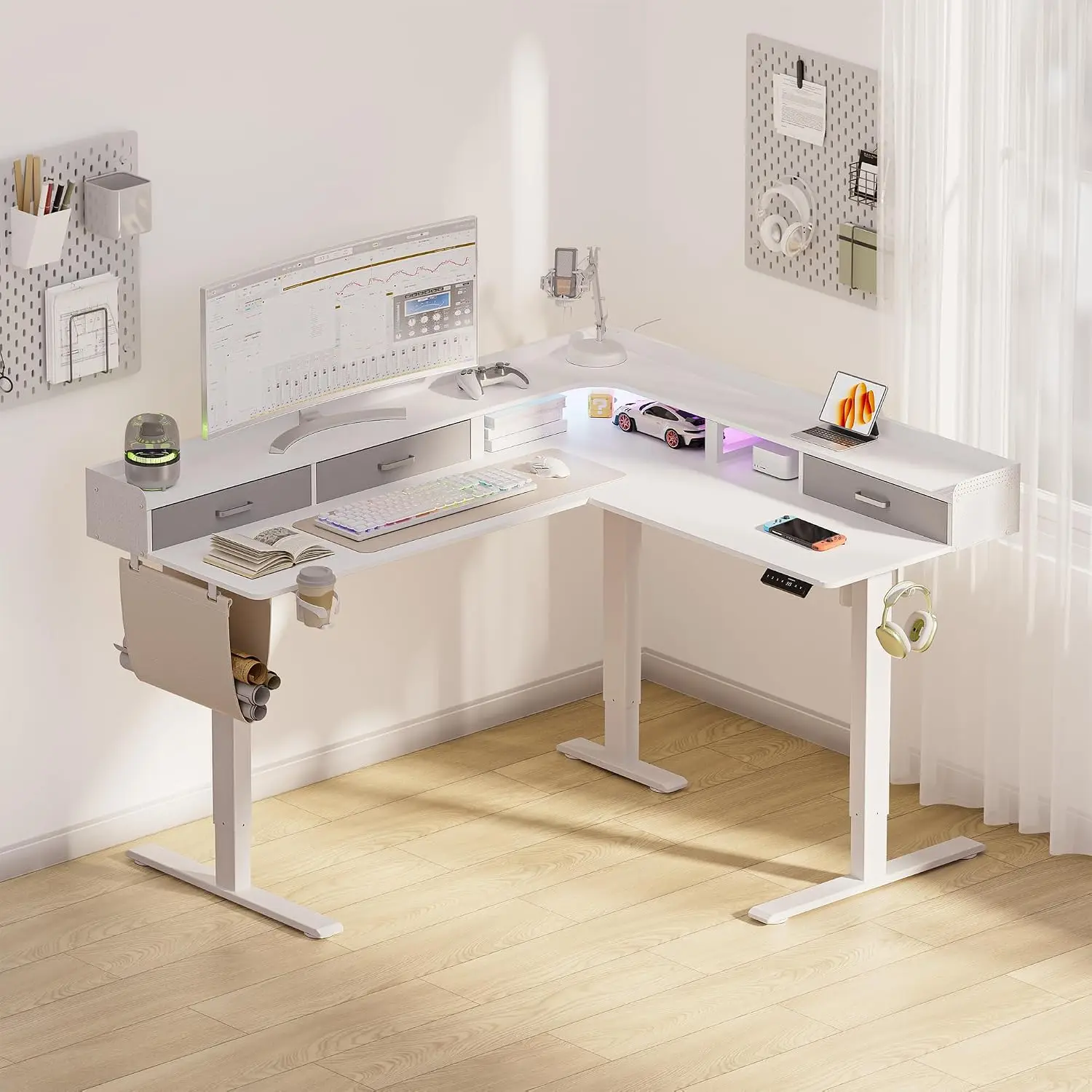 63 Inches Height Adjustable L Shaped Standing Desk with 3 Drawers and Monitor Shelf, Electric Sit to Stand Home, Customized