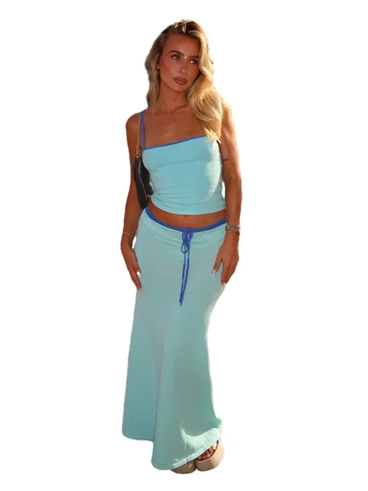 Sexy Casual Women Two Piece Set Fashion Elegant Comfort Vacation Sleeveless Backless Camisole And Drawstring Long Skirts 2 Sets
