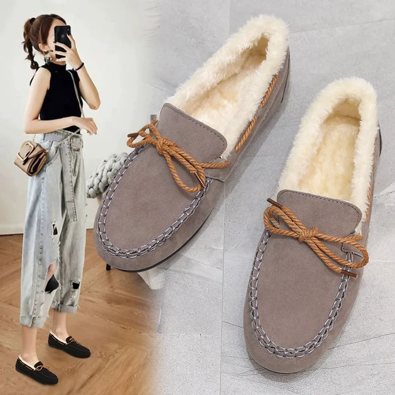 2023 autumn and winter new Doudou shoes women plus cashmere warm bow Korean version of casual shallow mouth flat lazy cotton sho