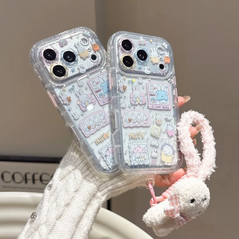 

INS Cute illustration cartoon Miffy Sparkling phone Case For iPhone 13 14 15 16 17 Pro Max Glitter Miffy Furry Wrist Strap﻿﻿﻿﻿﻿﻿