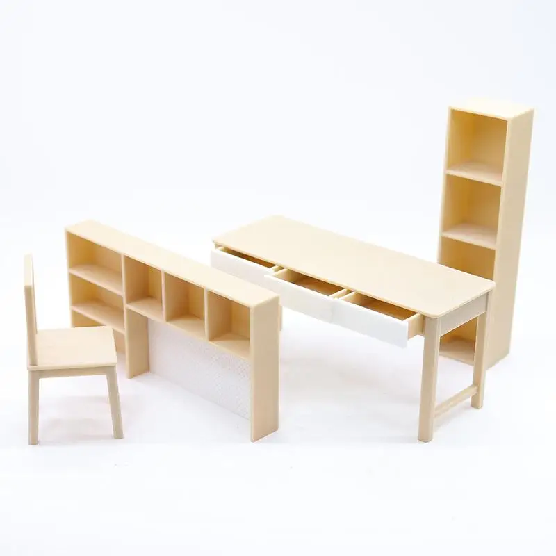 1 conjunto de casa de bonecas em escala 1/12, mesa combinada em miniatura, sala de estudo, modelo de estante para decoração de casa de boneca, brinquedo para crianças, presente