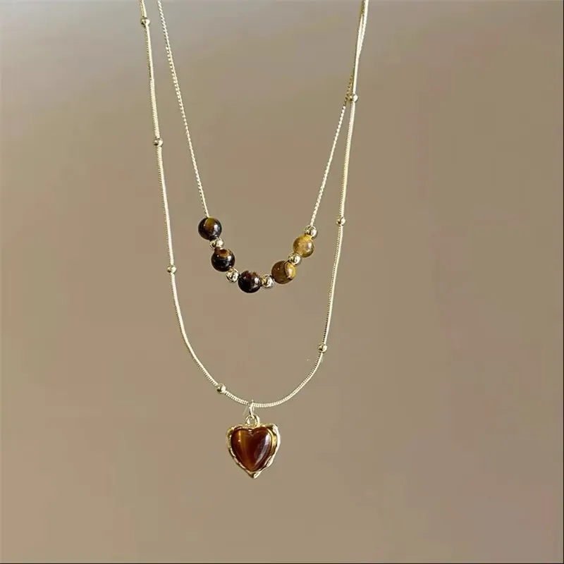 Vintage Leder braun Stein Sonne Anhänger Perlen Halsband Schlüsselbein Kette Halskette für Frauen einzigartige Y2K personalisierte Grunge Schmuck