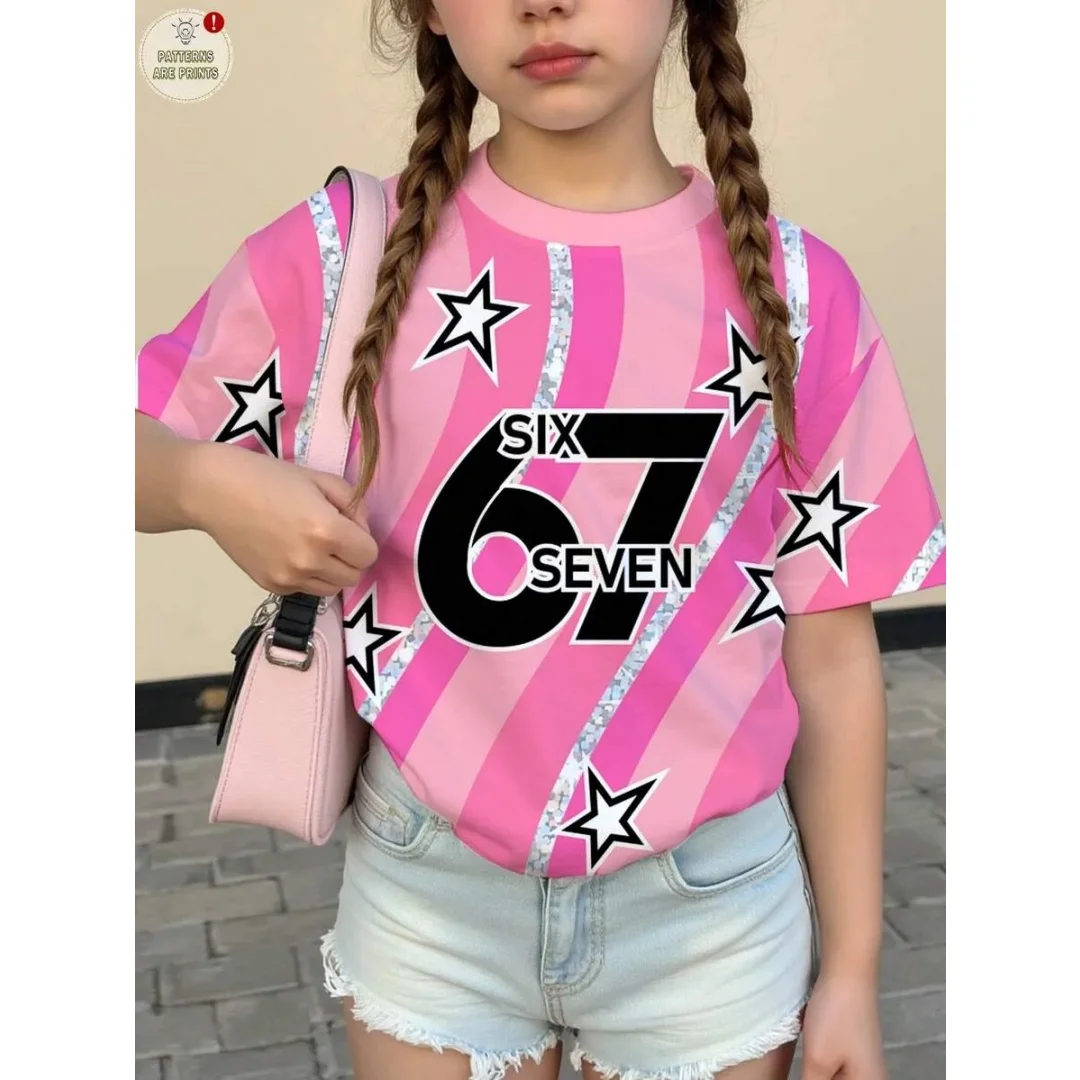 Neue Mode Mädchen T-Shirt Kleidung Niedlich Rosa Streifen Stern Nummer 67 3D-Druck Speziell entworfen Kurzarm Kinderkleidung Mädchen Tops