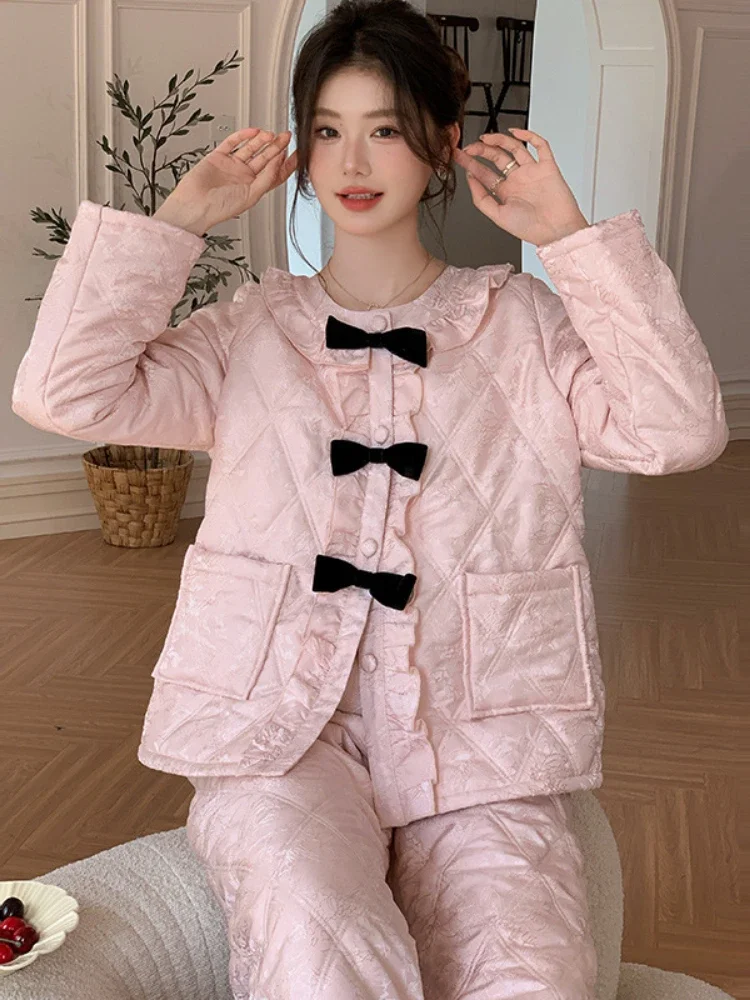 French Thickened Three-Layer Stitched Pajamas Women's Satin Jacquard Long-Sleeved Cardigan Two-Piece Elegant Warm Home Clothes