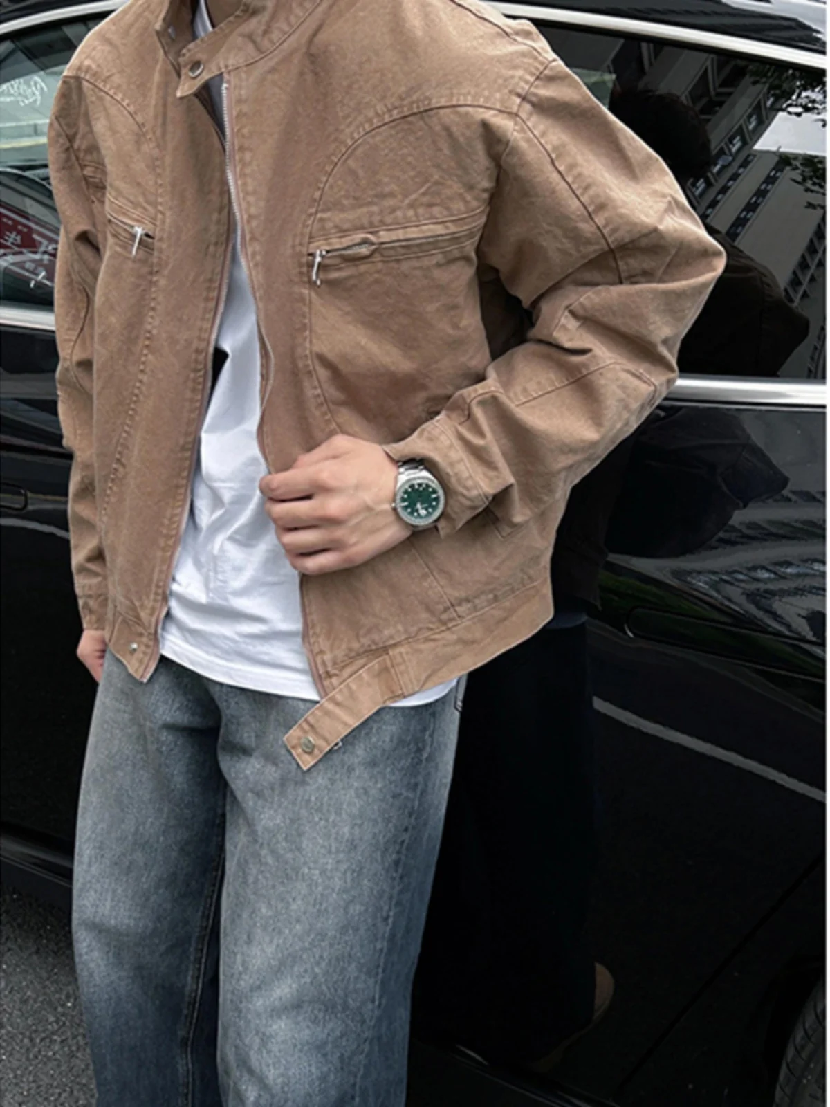 

Retro American ort Denim Jaet Men Spring Autumn oulder Pad Waed Denim High Sense Stand Collar Motorcycle Jaet