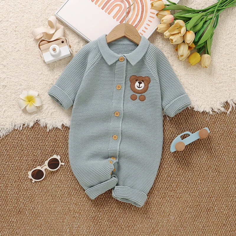 

Baby Rompers Winter Turtle Neck Long Sleeve Knitted Newborn Boys Girls Jumpsuits 0-18m Blue One Piece Infantil Netural Playsuits