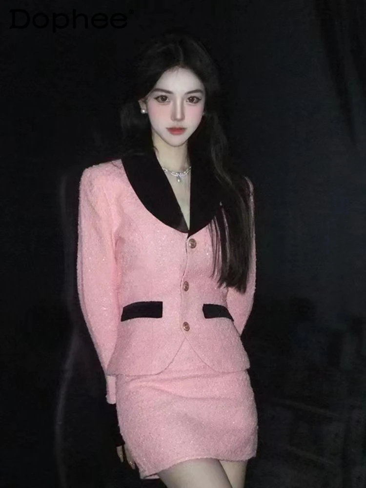 

French Retro Pink Color Matching Bright Silk Skirt Suit Women Autumn Winter Elegant Office Lady Commuter Jacket Two-Piece Sets