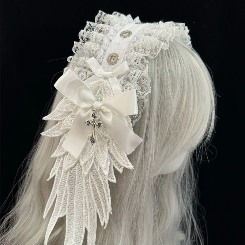 Diadema Y2K para niñas, alas de Ángel, diadema blanca y negra, tocado gótico de Lolita oscura, accesorios de Cosplay para mujeres