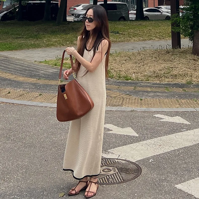 U الرقبة المرقعة عطلة محبوك فستان طويل المرأة الصيف فو الكتان مستقيم البلوز ميدي فستان الشمس الإناث ملابس امرأة 2025