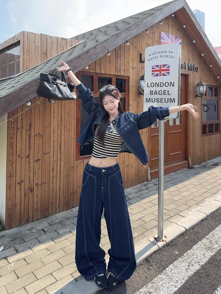 

Spring 2026 Women's Retro Sle Zipper round Ne Long Sve Denim Jaet High Waist Wide Leg Pants Two Piece Set Casual Fas...