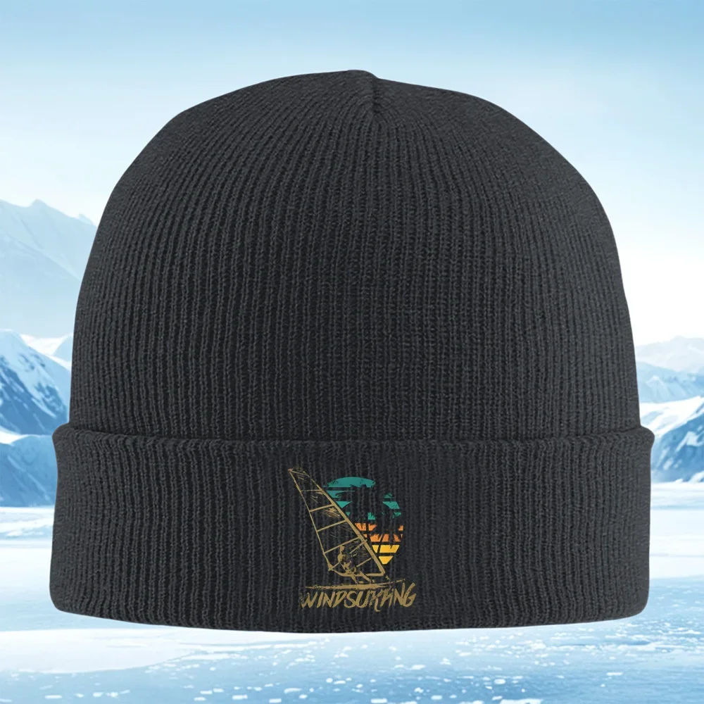 2026 Windsurfing silhouette sunset palm trees sailing Men Women Unisex Knitted Hat Beanie Pullover Cap Winter Thermal Warm Chris