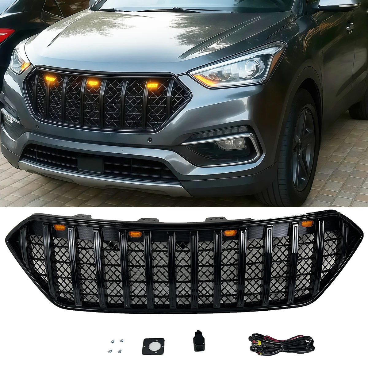 

Front Grille Fits For 2013-2016 / 2017-2019 Hyundai Santa Fe Grille With Amber Lights