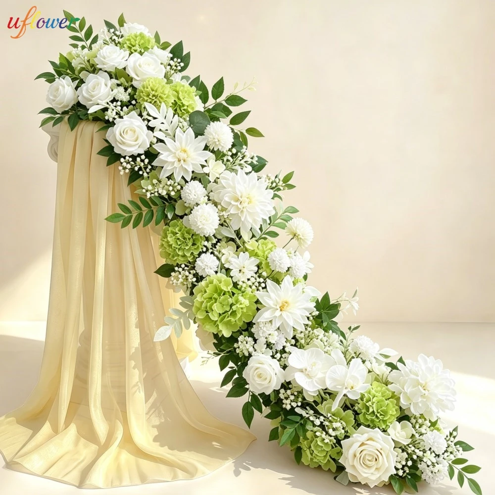 

100Cm Artificial Flower Row White Rose Hydrangea Greenery Floral for Wedding Backdrop Arch Table Centerpiece Party Event Decor