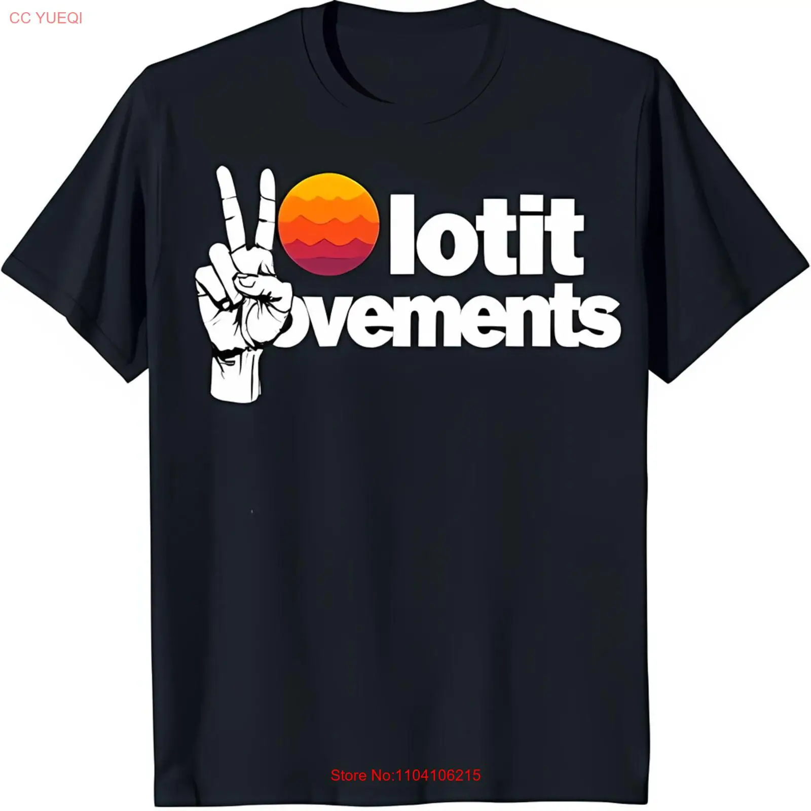

Black T-Shirt with Vibrant Peace Sign Sun and 'Lotit Movements' Graphic