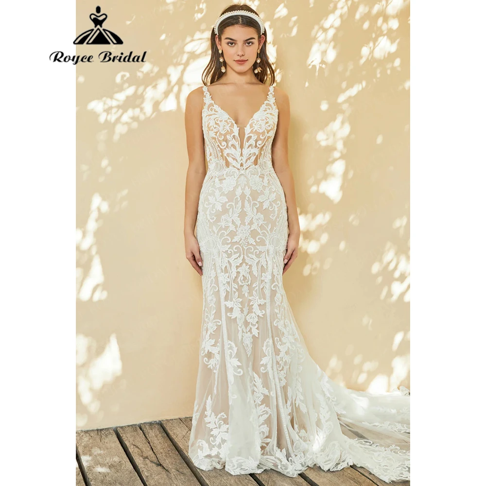 

Roycebridal 2025 New Bohemia Sexy V Neck Lace Applique Mermaid Wedding Dress Spaghetti Strap Nude Underlay Vestidos Customized