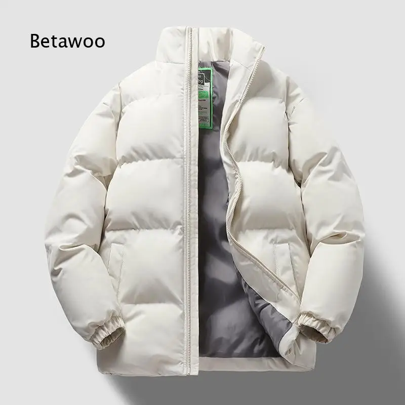 Men Stand Collar Puffer Jacket Thick Warm Loose Padded Coat Simple Versatile for Winter Daily Casual Street Wear