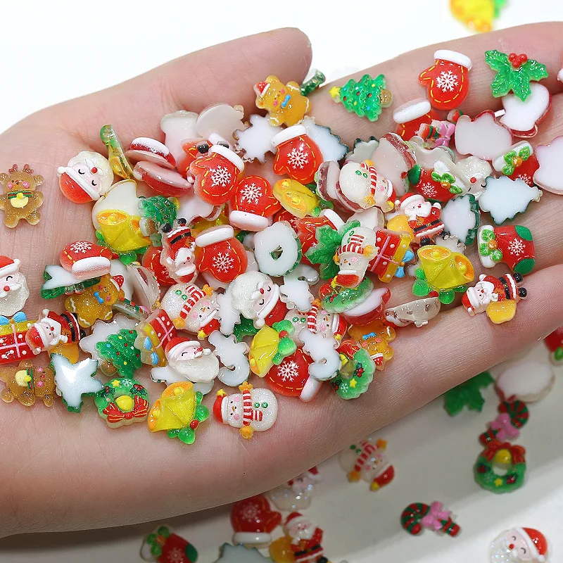 36/50PCS Colorful Merry Christmas Tree Santa Claus Snowman Bell Resin Nail Art Rhinestones Decorations Manicure Mix X'mas Charms