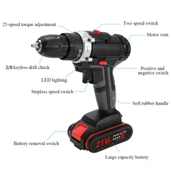 Electric Impact Cordless Drill High-power Lithium Battery Wireless Rechargeable Hand Drill Home DIY Electric Power Tools 21V