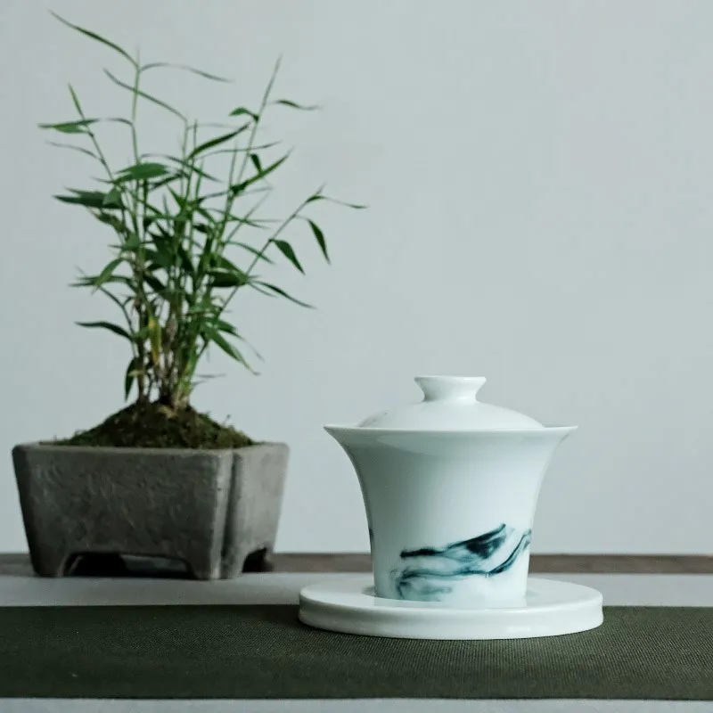 Jingdezhen Handmade and Hand-Painted Ink Painting Egg-Shell Porcelain Ceramic Gaiwan Household Literati White Tea Ware