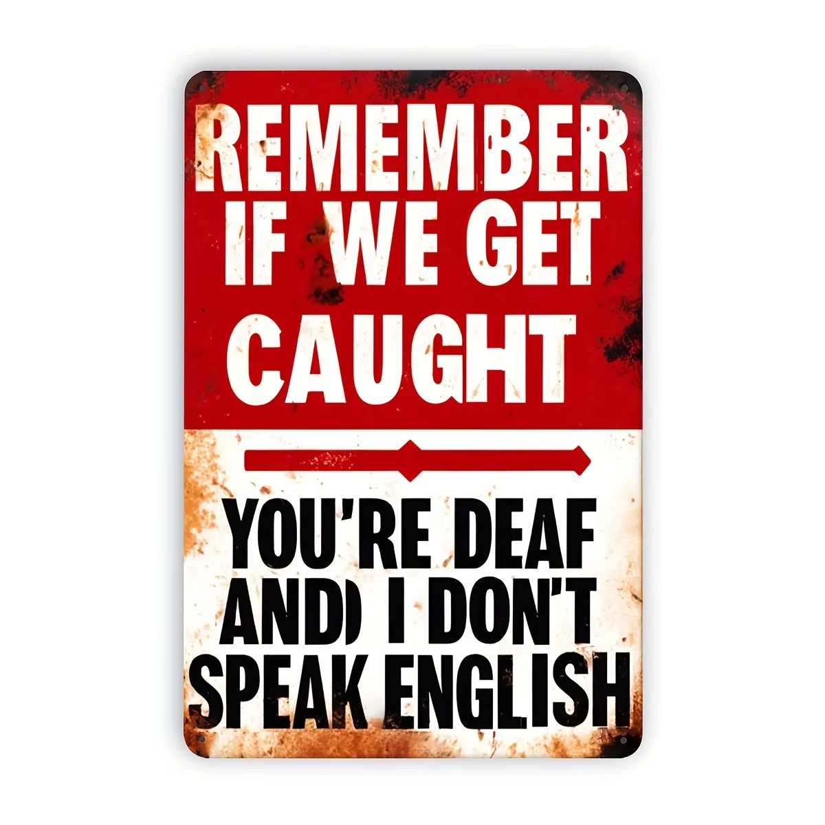 Vintage Sign: 'Remember If We Get Caught You're Deaf and I Don't Speak English' - Metal Wall Art for Home Decor