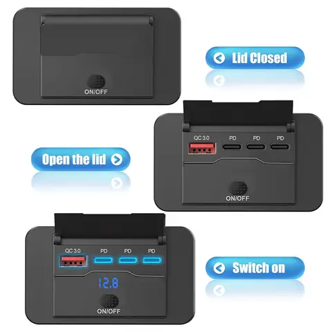 Three PD & QC 3.0 USB Car Charger 12V RV USB Outlet Panel  with Switch & Voltmeter  Fast Charging Socket Accessories for Car Bus