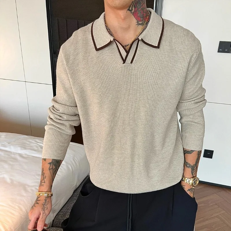 Autumn Contrast-colored Knitted Sweater Man Long Sleeve Turn-down Collar Casual Business Polo Shirt Comfortable Knittwear Top