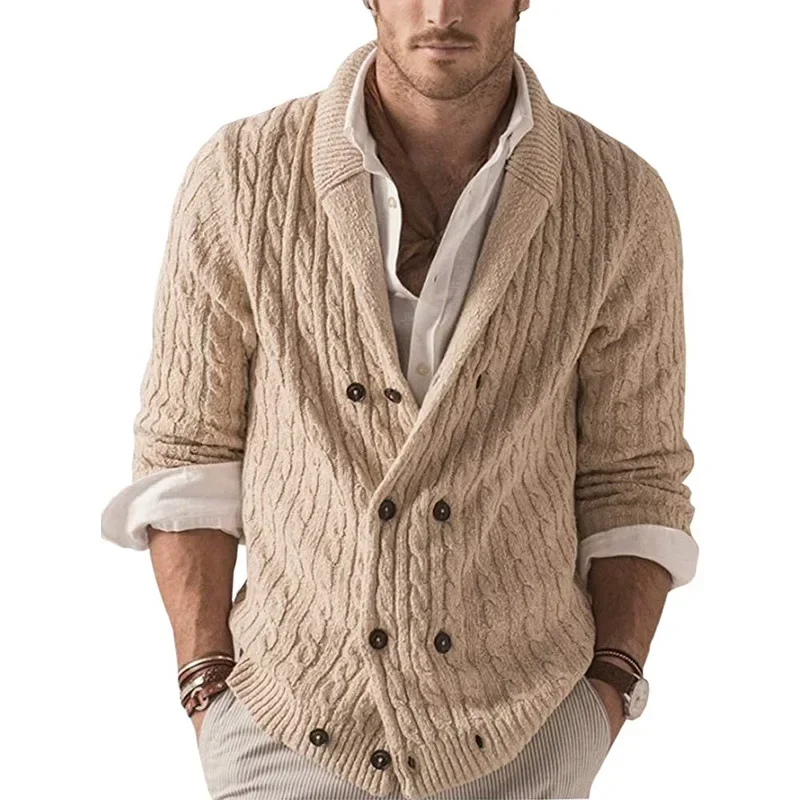 European and American Knitted Men's Cardigan for Autumn and Winter New Style, Solid Color, Lapel, Long-sleeved Sweater Coat