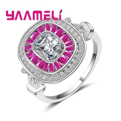 Wide Face Ring 925 Sterling Silver Luxury Pop Style Embellished White Crystal Fuchsia Petal Shape Wedding Girl