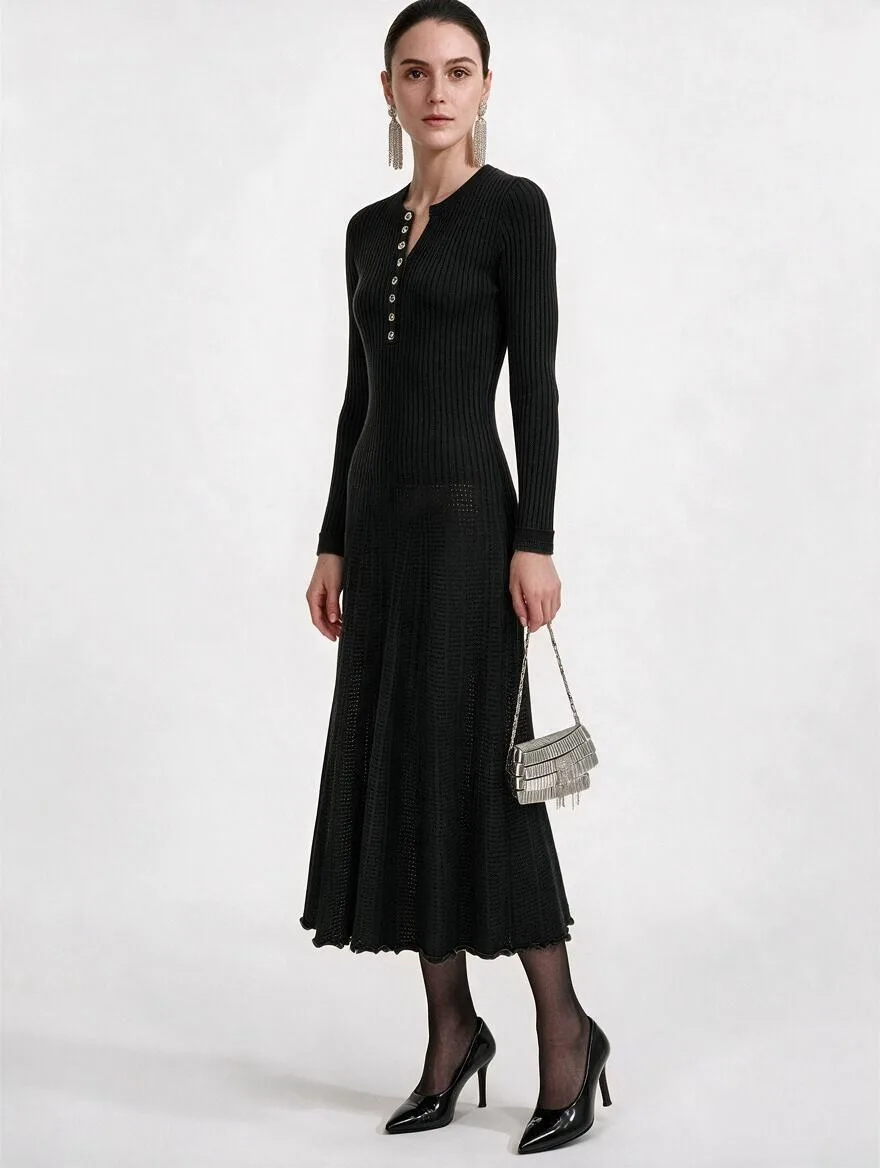 High-quality Fashionable Half High Collar Button Hollow Bright Silk Elastic Knitted Slim Fit Long Women's Dress