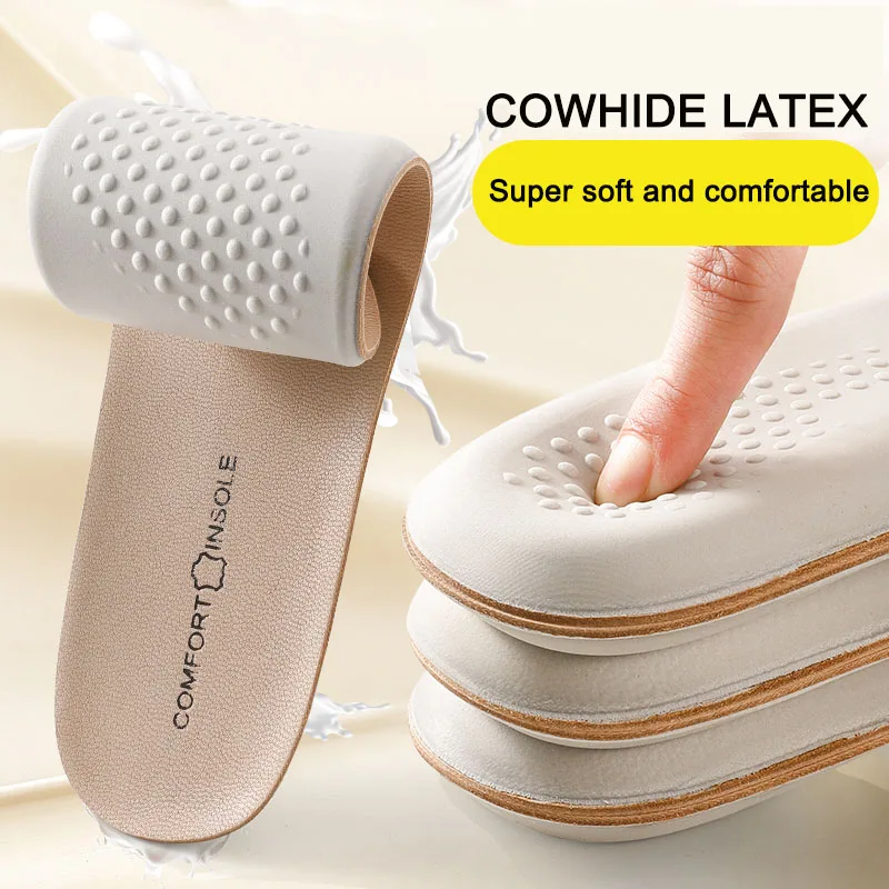 Cushiony Latex Insoles for Sneakers Cowhide Leather Shoe Sole Insert Shock Absorbing Plantar Fasciitis Template Insoles for Shoe