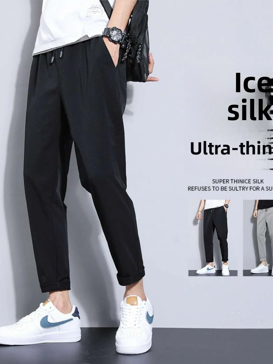 

Мужские повседневные спортивные брюки из ледяного шелка, тонкие, больших размеров, летние, укороченные, облегающие, модная мужская одежда