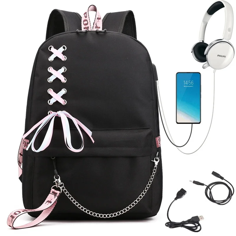 College Student Fashion Travel Backpack With USB Charging Port Teenager Laptop School Bag Black Casual Backpack
