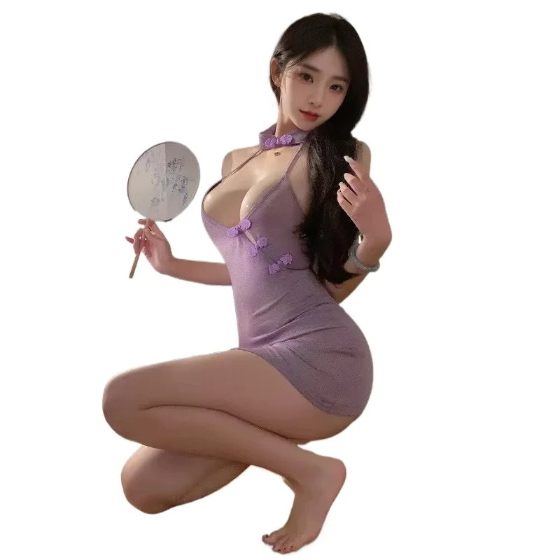 

Chinese Style Halter Cheongsam Dress Lace Perspective Qipao Tradition Improve Seductive Wrap Hip Skirt Nightclub Sexy Lingerie