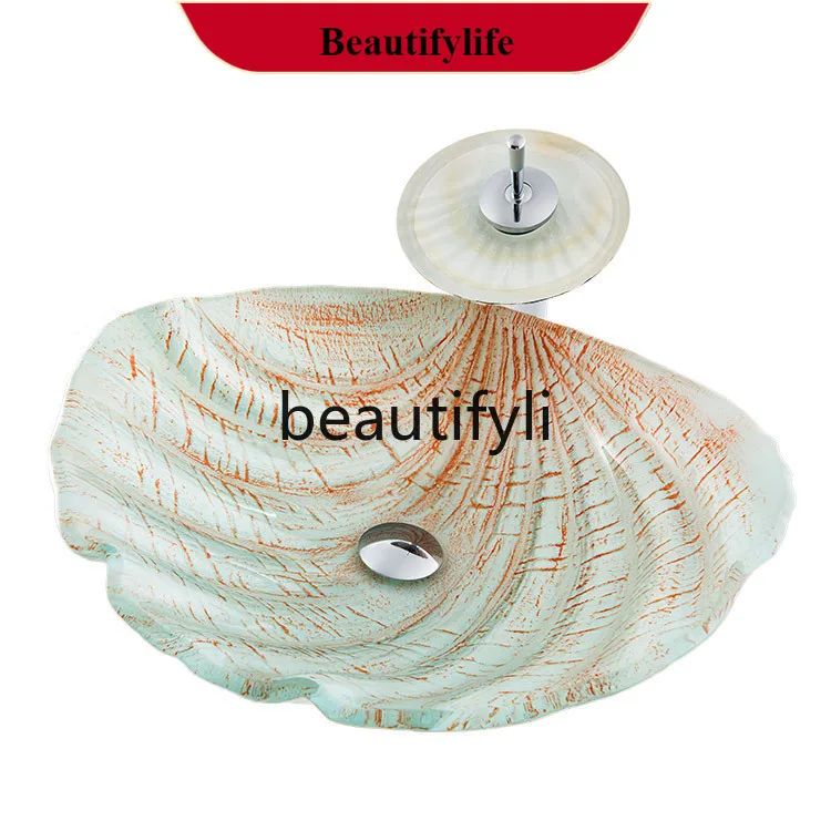 

B185 Bathroom tempered glass art wash basin personalized sea shell platform basin European simple abstract washbasin
