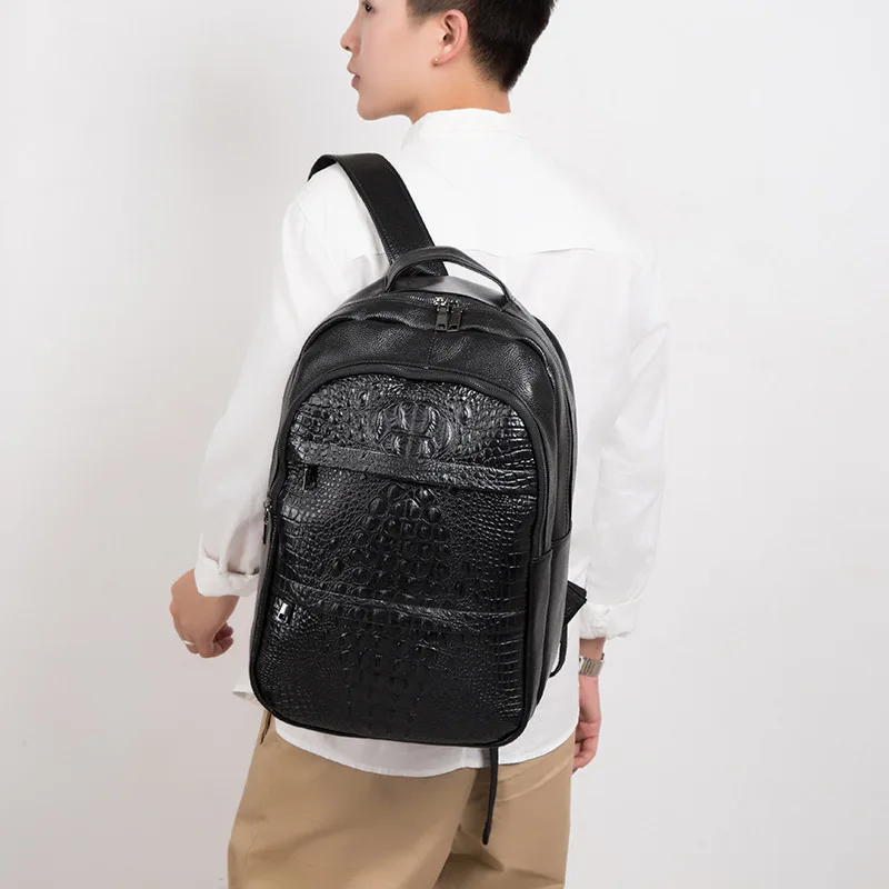 2023 Fashion Genuine Leather Men Backpacks Alligator Real Natural Leather Student Backpack Boy Luxury Travel Computer Laptop Bag