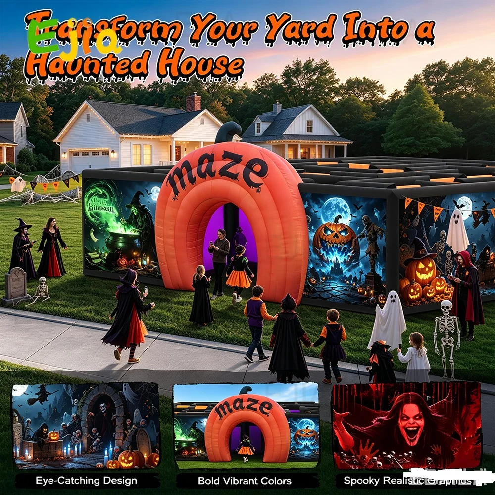 7.5x7.5m Large  Inflatable Maze with Pumpkin Arch, Halloween Haunted House Tent for Backyard Party, School Carnival Rental