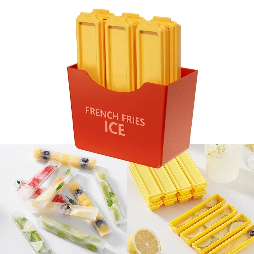Easy Release French Fries Ice Tray Mold Set of 6 Food Grade Silicone with Magnetic Absorption Boxes Ice Maker for Drinks