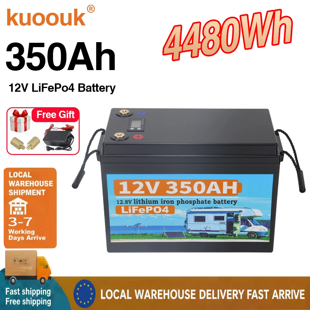 Image of Kuoouk 12V 350Ah LiFePO4 Deep-Cycle-Batterie mit integriertem BMS, hohe Leistung für Wohnmobile, Solaranlagen, Wechselrichter, 4480Wh