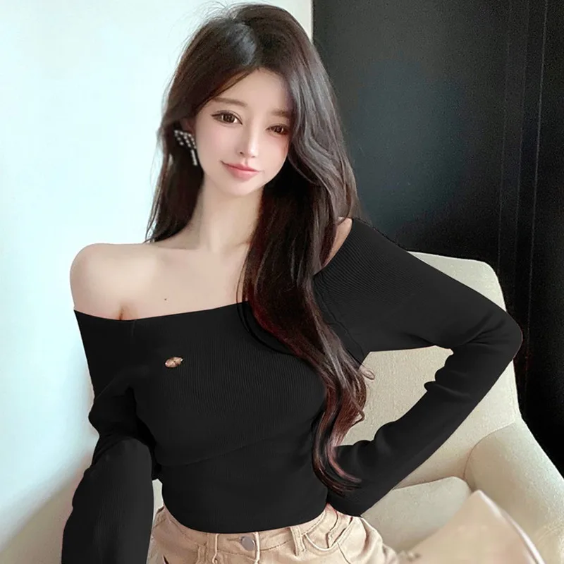 Autumn Off Shoulder Women\'s Top Knitted Long Sleeves Base Shirt Solid Color T Shirt Sexy Crop Tops