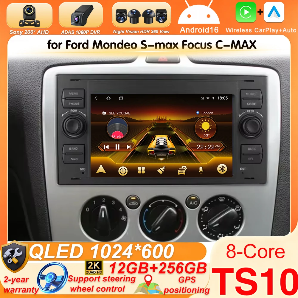Car Radio Android 16 For Ford Focus Mondeo Fiesta Transit Kuga C-Max S-Max Galaxy GPS Multimedia No 2 Din Autoradio Carplay DVD