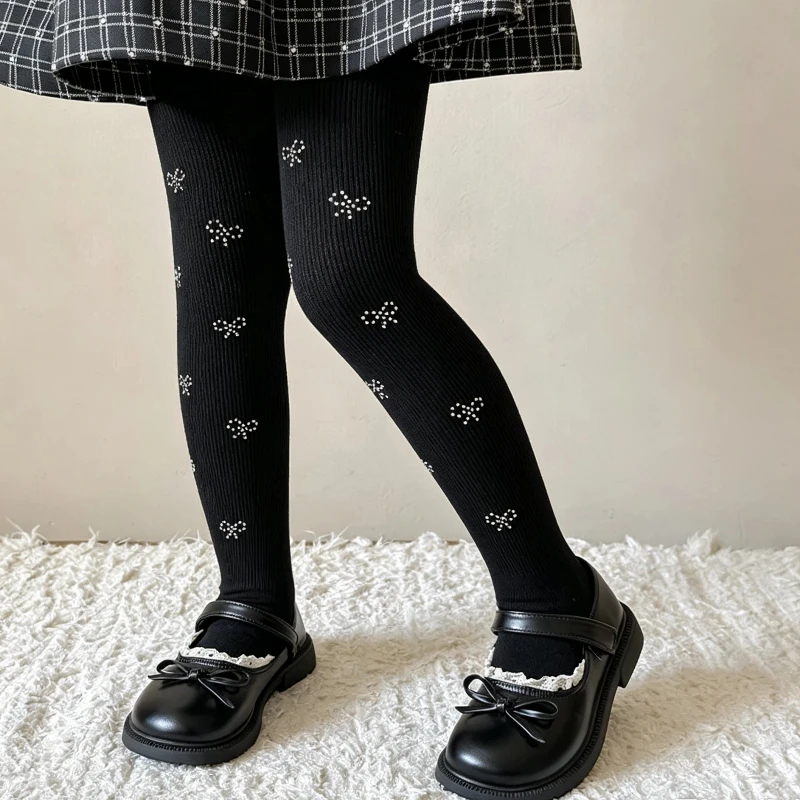 Cute Girls Full Sparkle Rhinestone Bow Decor Tights Sole Small Foot Pattern High Stretch Durable Anti Pilling Children Pantyhose