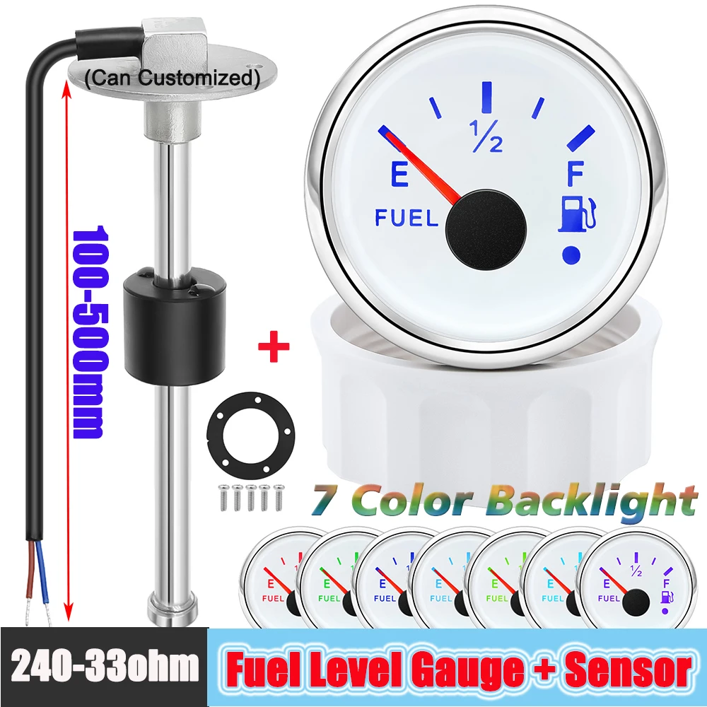 52mm Universal Car Fuel Gauge Fuel Level Gauge+Oil Float Sensor 240-33OHM Red Pointer with Alarm Light customized Gauges 12V 24V