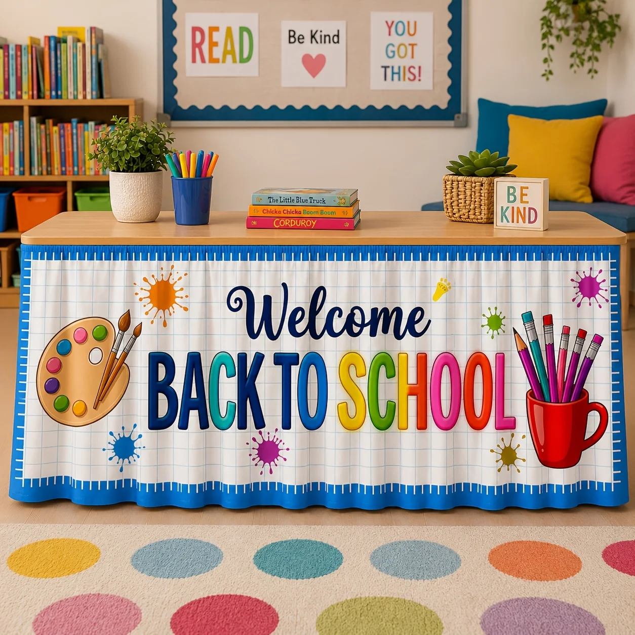 Back-to-school welcome color pencil palette art supplies grid pattern tablecloth, suitable for classroom party decorationxzj