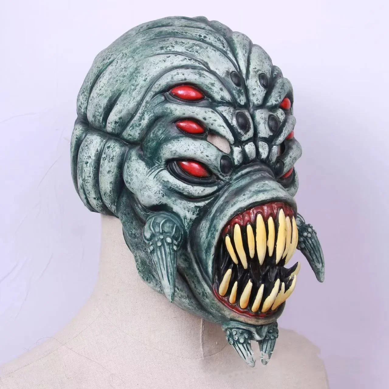 Scary Three-Eyed Monster Cosplay Mask, Full Face Latex Helmet, Bloody Demon Headwear, Halloween Costume Prop