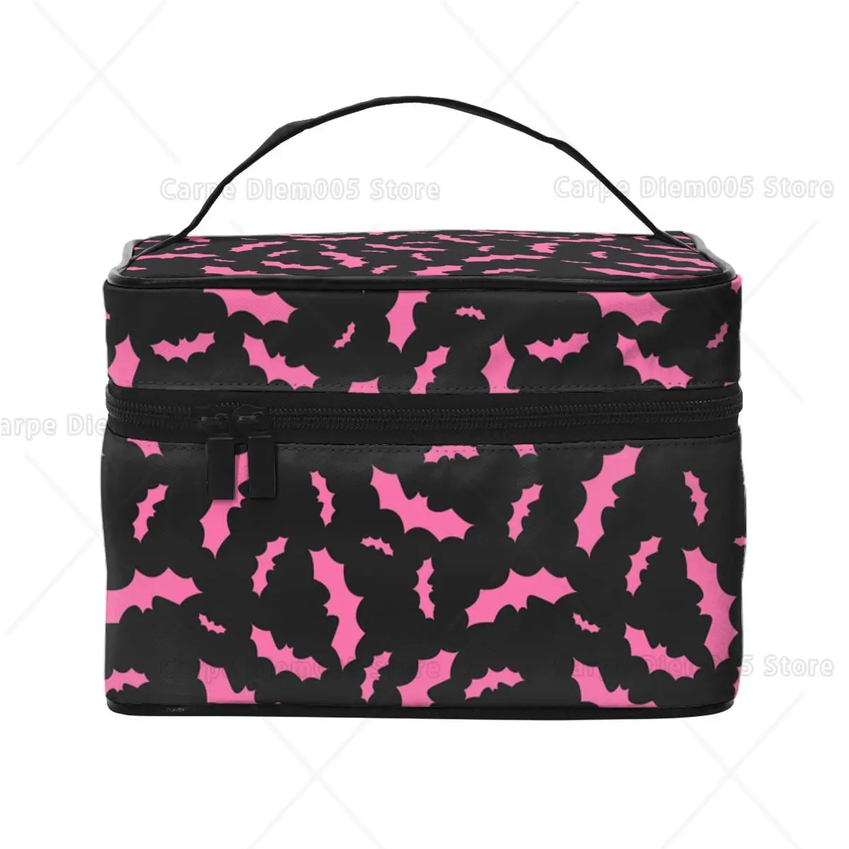 Pink Bat Print Halloween Cosmetic Bag Spooky Gothic Travel Makeup Case with Handle Makeup Bags