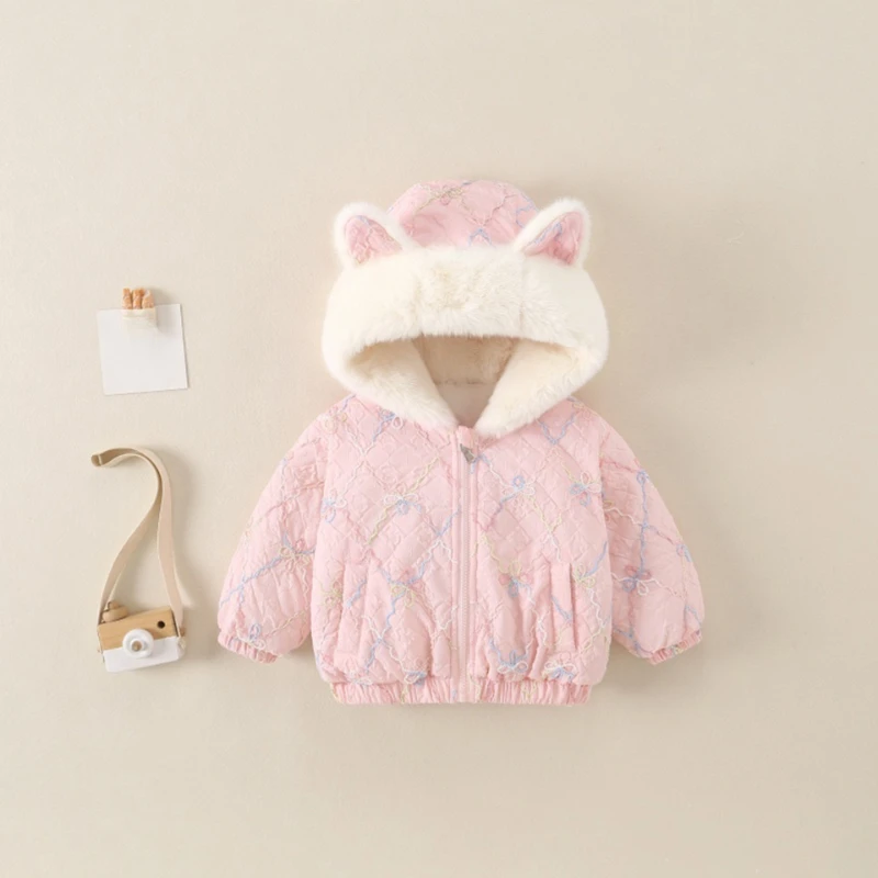 2026 Pink Checkered Printed Western-style Velvet Autumn and Winter New Children's Cartoon Hooded Sweet Cotton Jacket