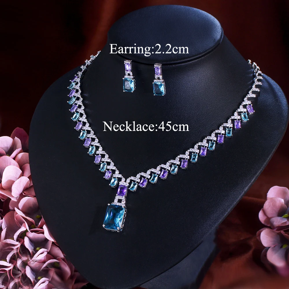 CWWZircons Beautiful Purple Blue Cubic Zircon Crystal Dangle Drop Bridal Wedding Necklace Party Jewelry Sets for Women T605