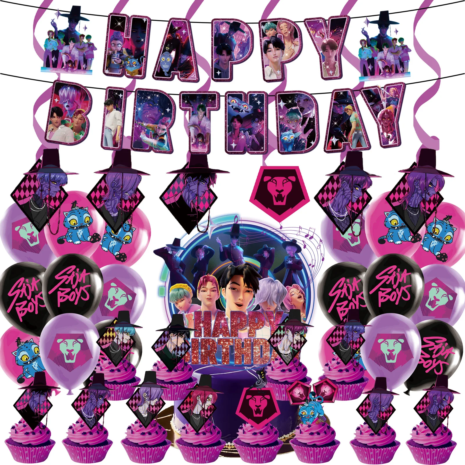 Your Idol Saja Boys KPop شيطان الصيادين عيد ميلاد الديكور خلفية كعكة توبر بالونات لحفلة عيد ميلاد تفضل كابينة تصوير #2